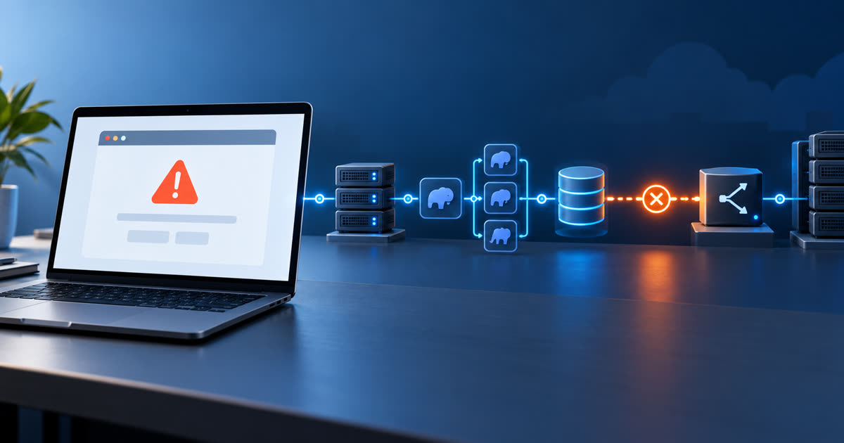 Portátil con un error de conexión dentro de una cadena visual de servidor, PHP, base de datos y proxy